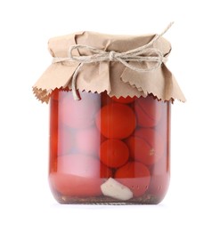 Photo of Tasty pickled tomatoes in jar isolated on white