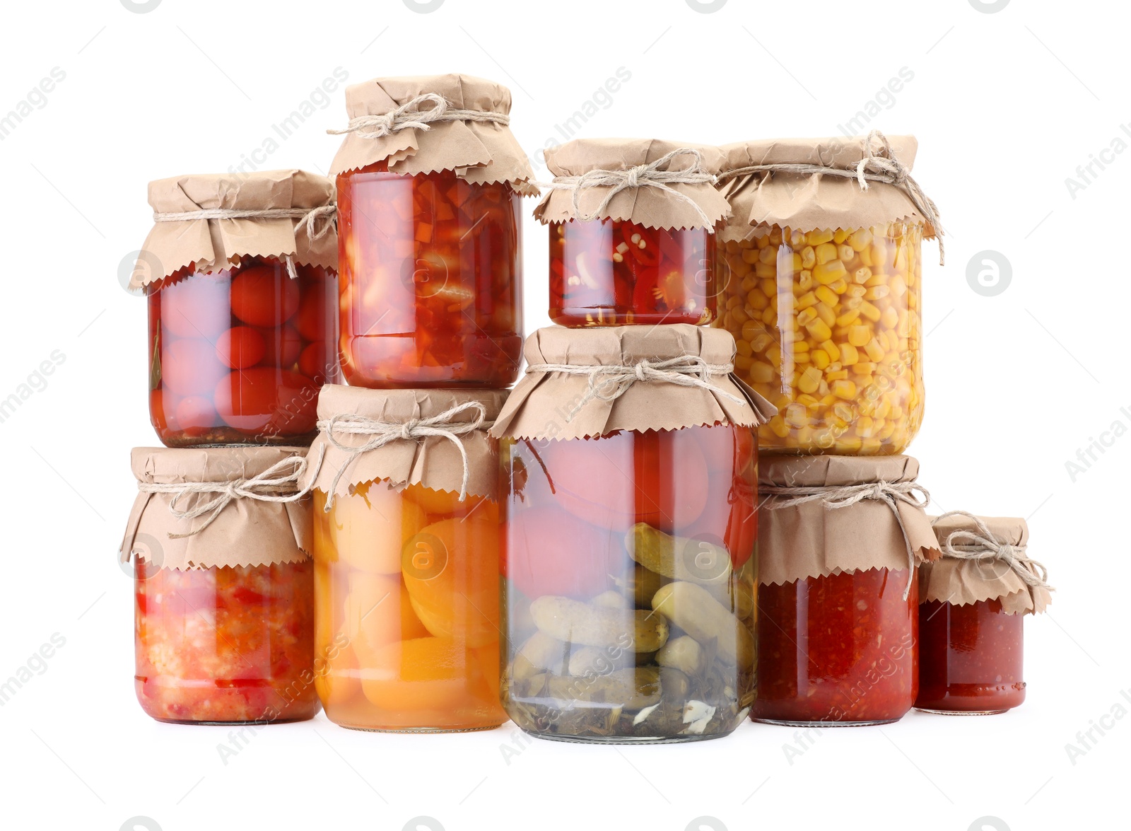 Many jars with different pickled products isolated on white Photo of Many jars with different pickled products isolated on white