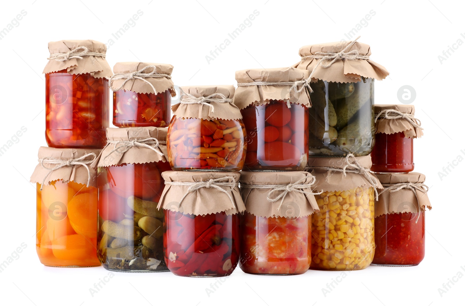 Many jars with different pickled products isolated on white Photo of Many jars with different pickled products isolated on white