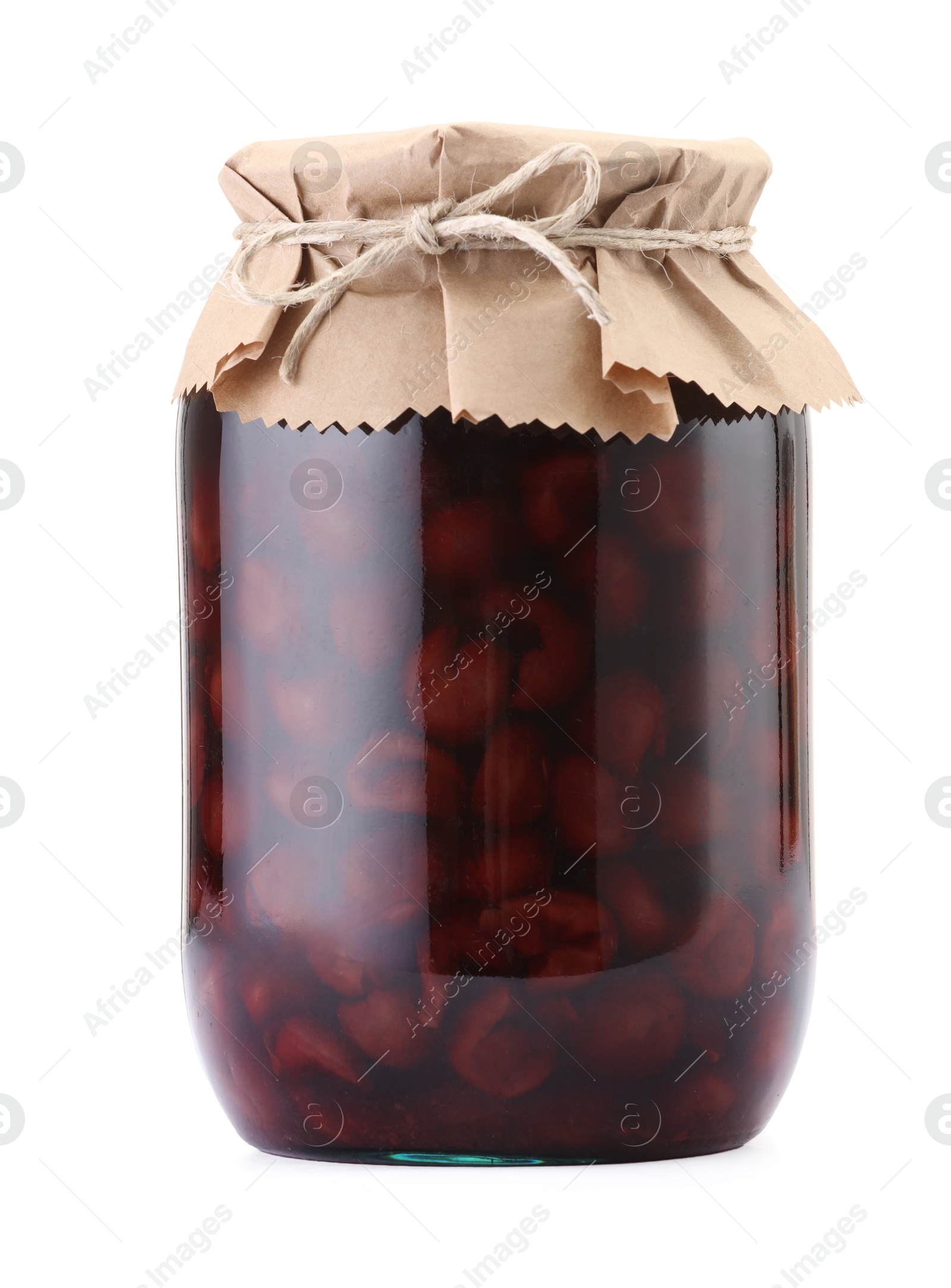 Tasty canned cherries in jar isolated on white Photo of Tasty canned cherries in jar isolated on white