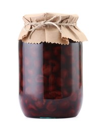 Photo of Tasty canned cherries in jar isolated on white