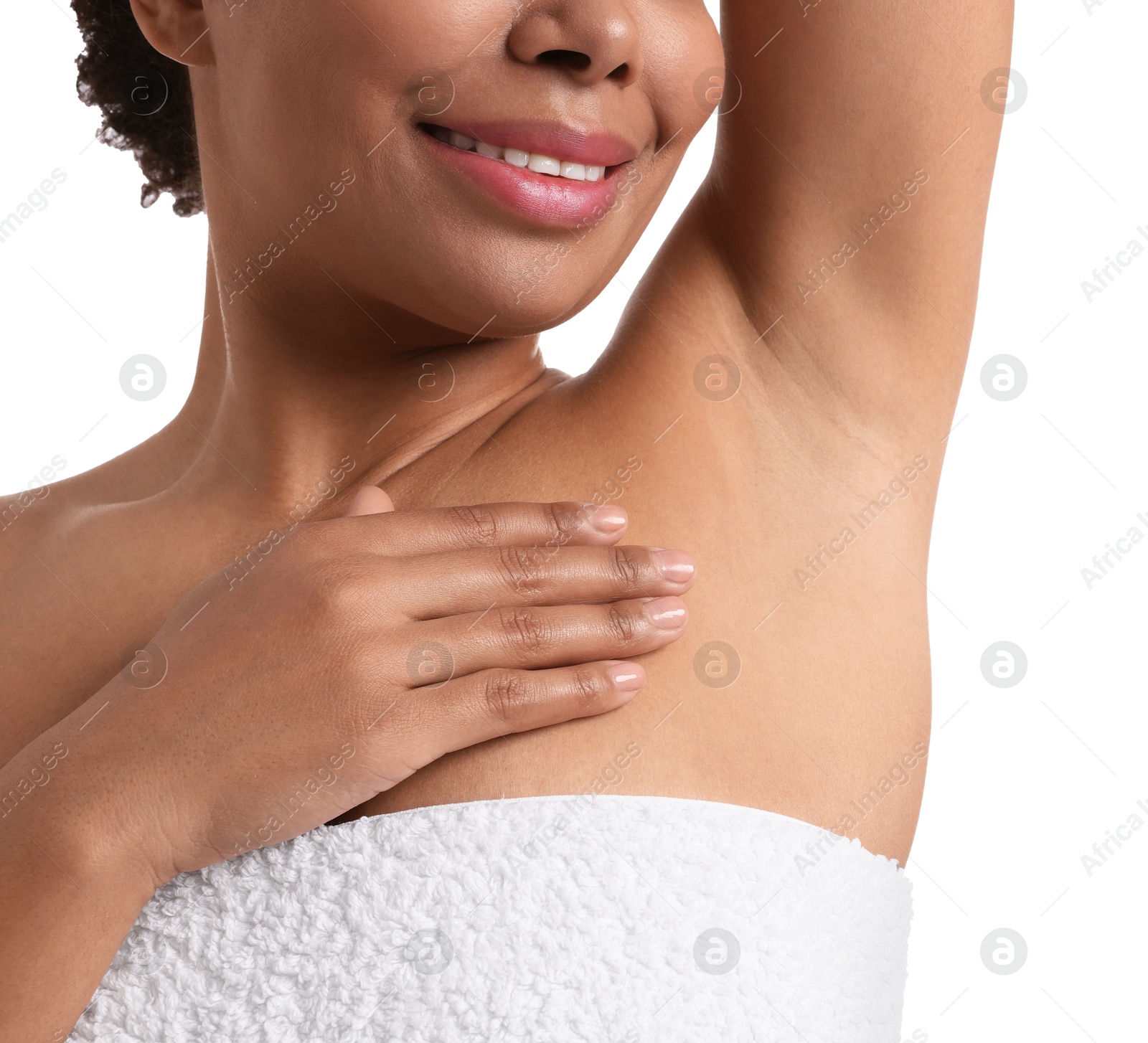 Woman showing hairless armpit after epilation procedure on white background, closeup Photo of Woman showing hairless armpit after epilation procedure on white background, closeup