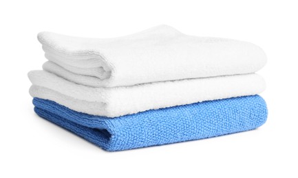 Photo of Stack of clean towels isolated on white