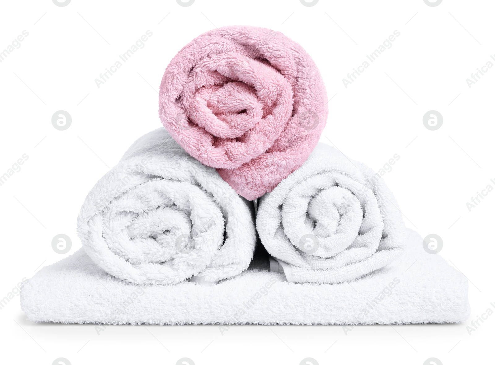 Many folded terry towels isolated on white Photo of Many folded terry towels isolated on white