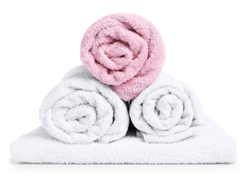 Photo of Many folded terry towels isolated on white