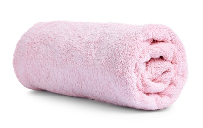 Photo of Pink folded terry towel isolated on white