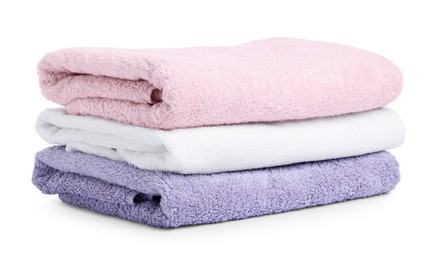 Photo of Stack of clean towels isolated on white