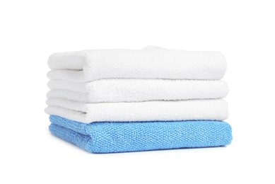 Photo of Stack of clean towels isolated on white