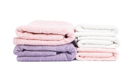 Photo of Stack of clean towels isolated on white
