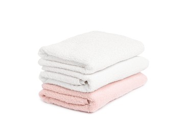 Photo of Stack of clean towels isolated on white