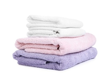 Photo of Stack of clean towels isolated on white