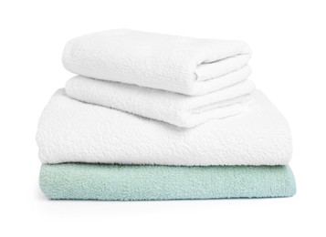 Photo of Stack of clean towels isolated on white
