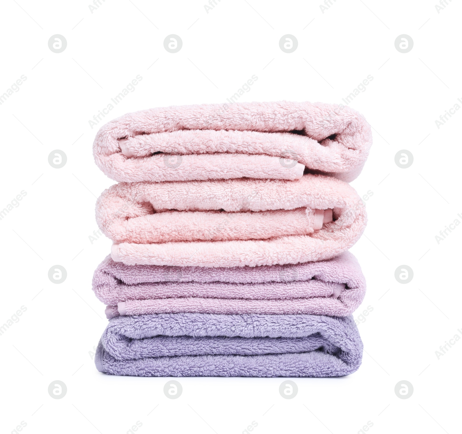 Stack of clean towels isolated on white Photo of Stack of clean towels isolated on white