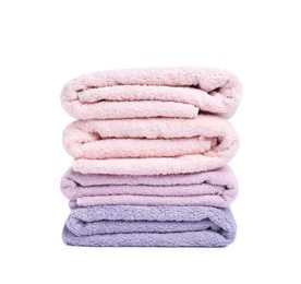 Photo of Stack of clean towels isolated on white