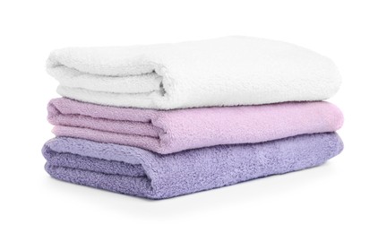 Photo of Stack of clean towels isolated on white