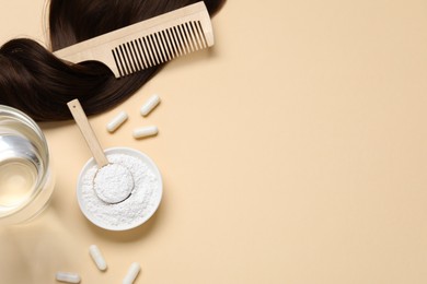 Photo of Collagen capsules, hair lock, powder, water and comb on beige background, flat lay. Space for text