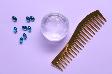 Photo of Collagen capsules, gel and comb on violet background, flat lay