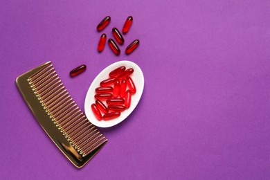 Photo of Collagen capsules and comb on purple background, flat lay. Space for text