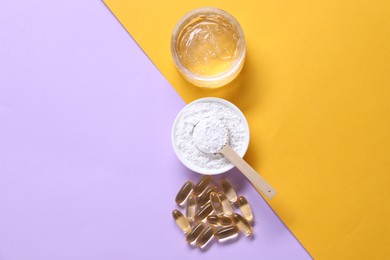 Photo of Collagen capsules, powder and gel on color background, flat lay