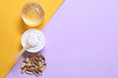 Photo of Collagen capsules, powder and gel on color background, flat lay. Space for text