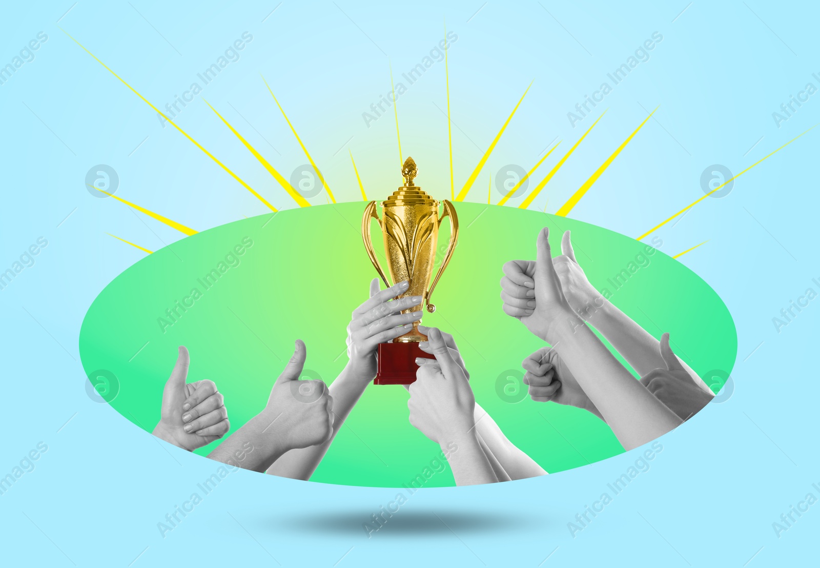 Golden trophy cup in woman's hand and people showing thumbs-up on color background, creative collage Image of Golden trophy cup in woman's hand and people showing thumbs-up on color background, creative collage