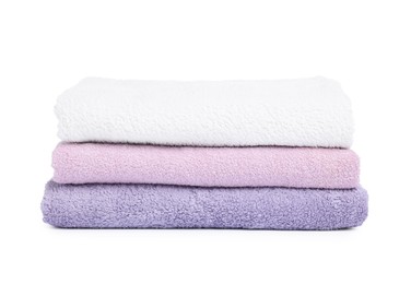 Photo of Stack of clean towels isolated on white