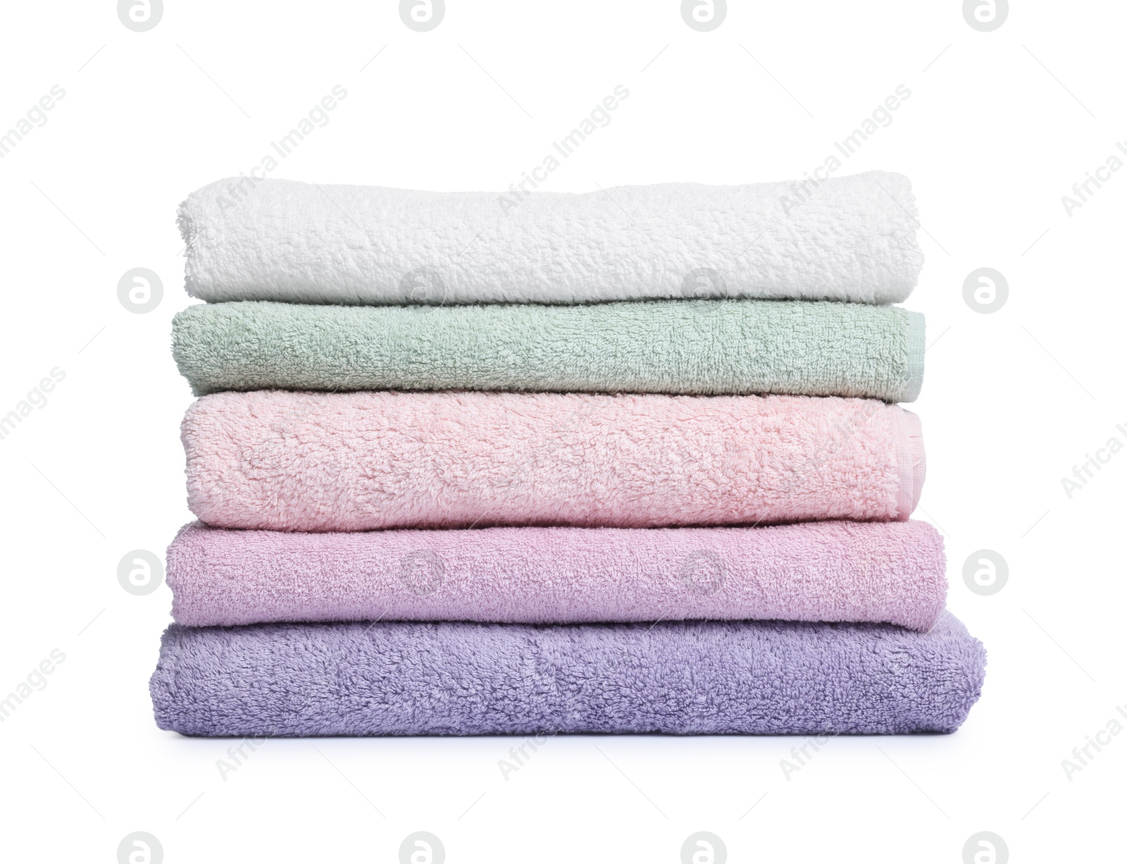 Stack of clean towels isolated on white Photo of Stack of clean towels isolated on white