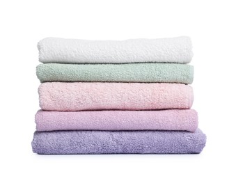 Photo of Stack of clean towels isolated on white