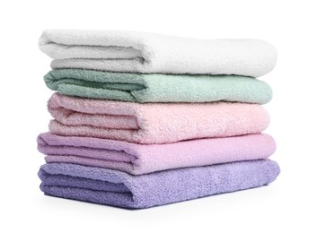 Photo of Stack of clean towels isolated on white