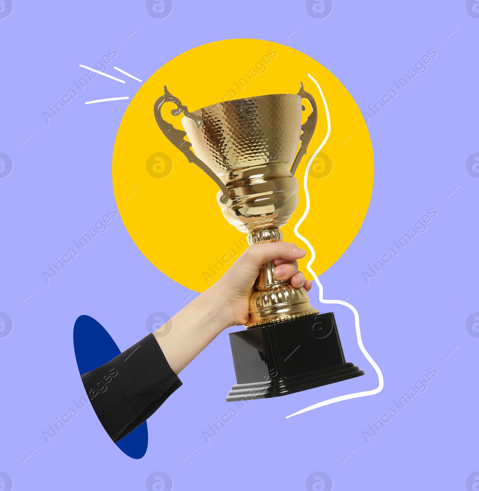 Golden trophy cup in woman's hand on color background, creative collage Image of Golden trophy cup in woman's hand on color background, creative collage