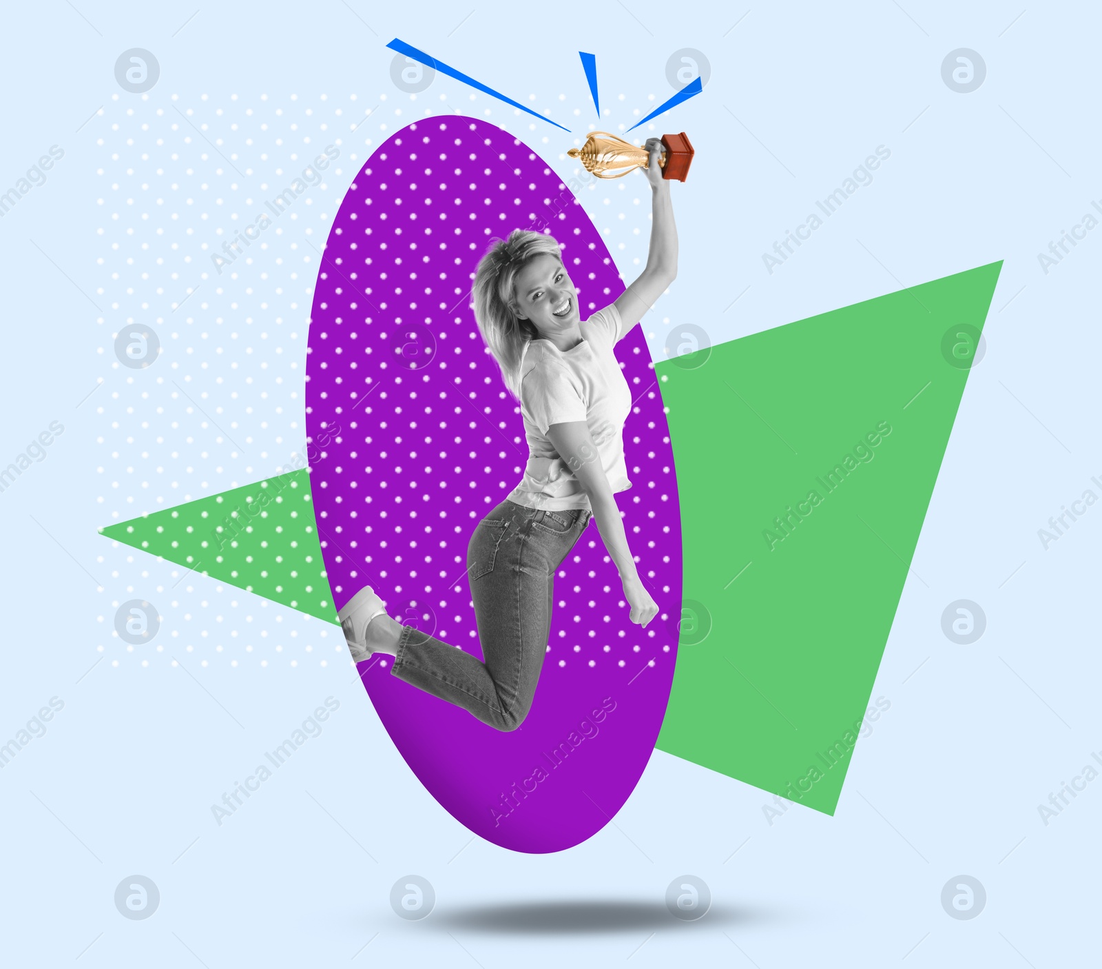 Image of Happy woman with golden trophy cup jumping on color background, creative collage