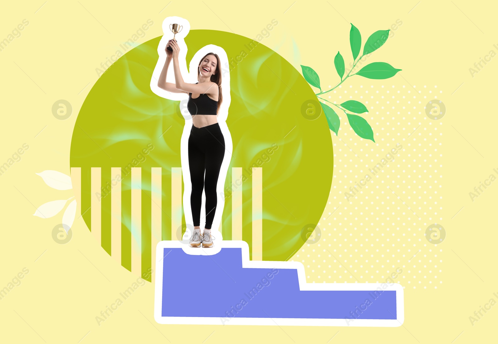 Image of Happy woman with golden trophy cup standing on winner's podium on color background. Creative collage