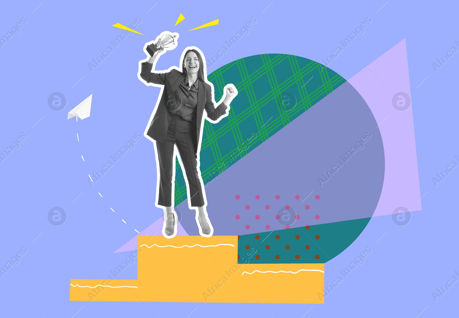 Happy woman with trophy cup on winner's podium on color background, creative collage Image of Happy woman with trophy cup on winner's podium on color background, creative collage