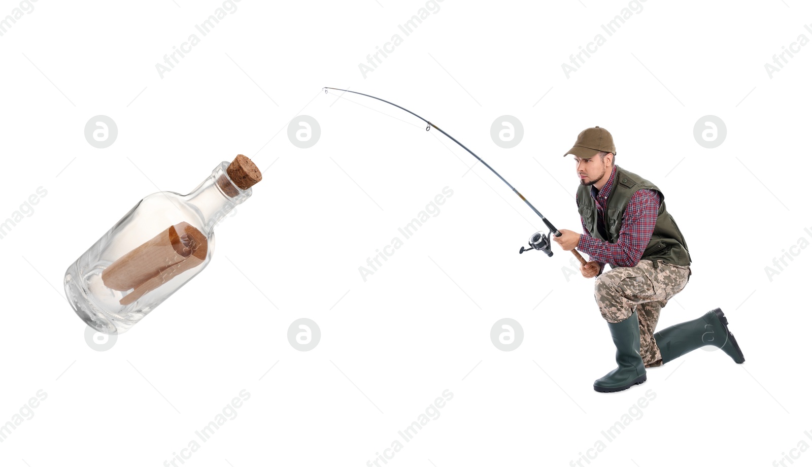 Image of Fisherman catching glass bottle with rolled letter on white background