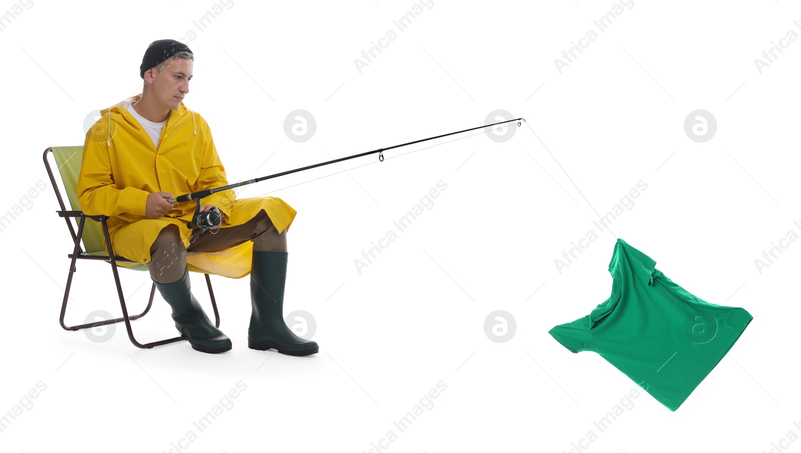Fisherman catching green t-shirt with rod on white background Image of Fisherman catching green t-shirt with rod on white background