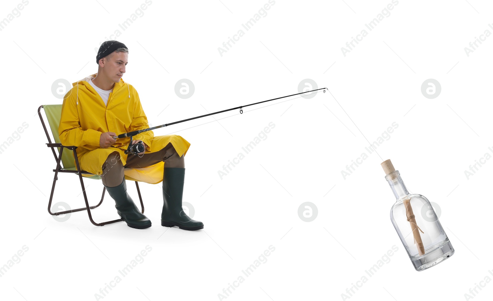 Image of Fisherman catching glass bottle with rolled letter on white background