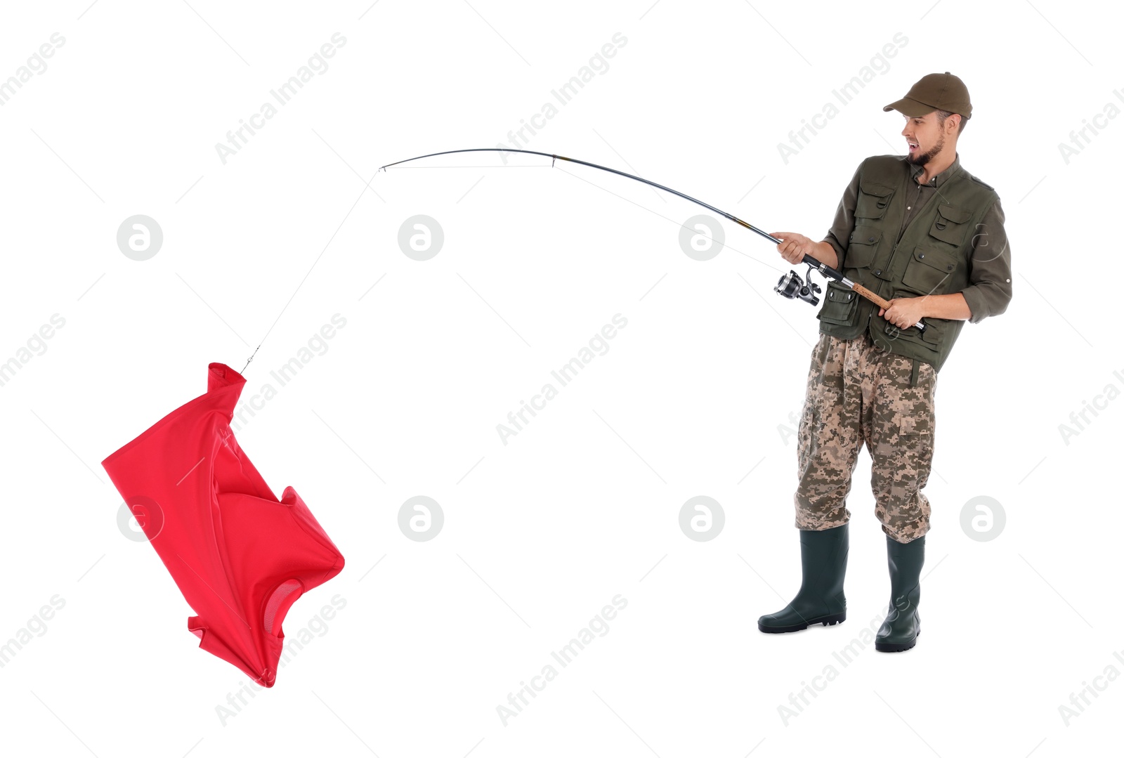 Fisherman catching red t-shirt with rod on white background Image of Fisherman catching red t-shirt with rod on white background