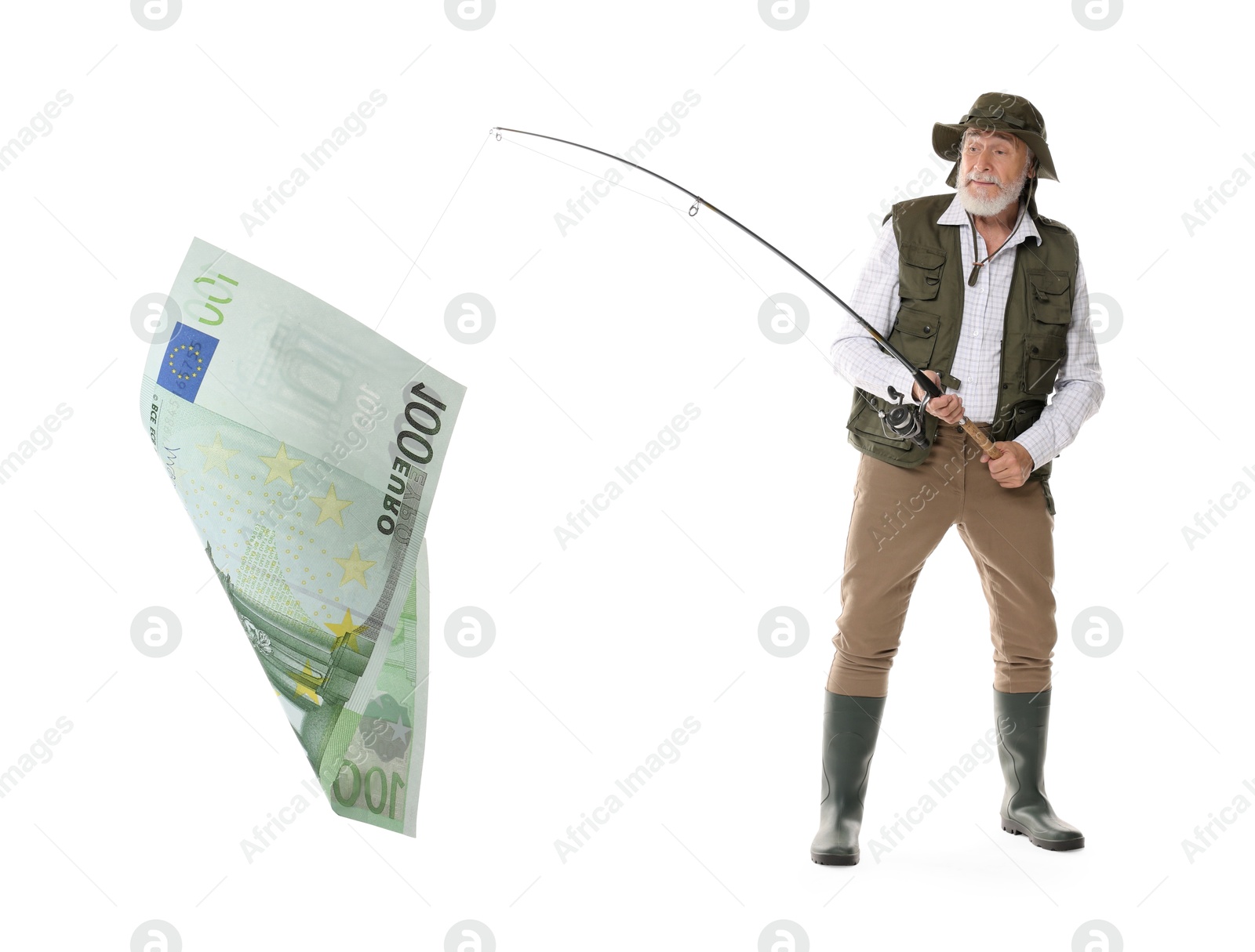 Fisherman catching euro banknote with rod on white background. Money chase concept Image of Fisherman catching euro banknote with rod on white background. Money chase concept