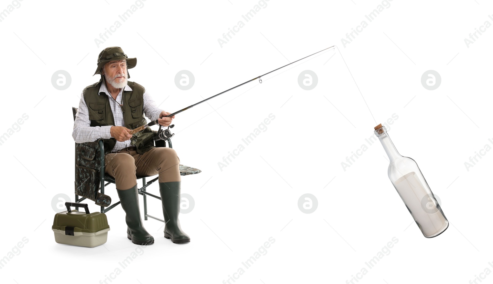 Image of Fisherman catching glass bottle with rolled letter on white background