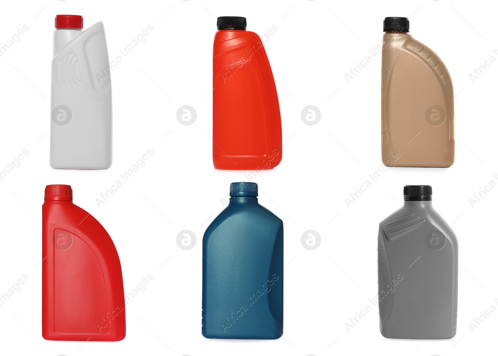 Different plastic containers isolated on white, collage Image of Different plastic containers isolated on white, collage