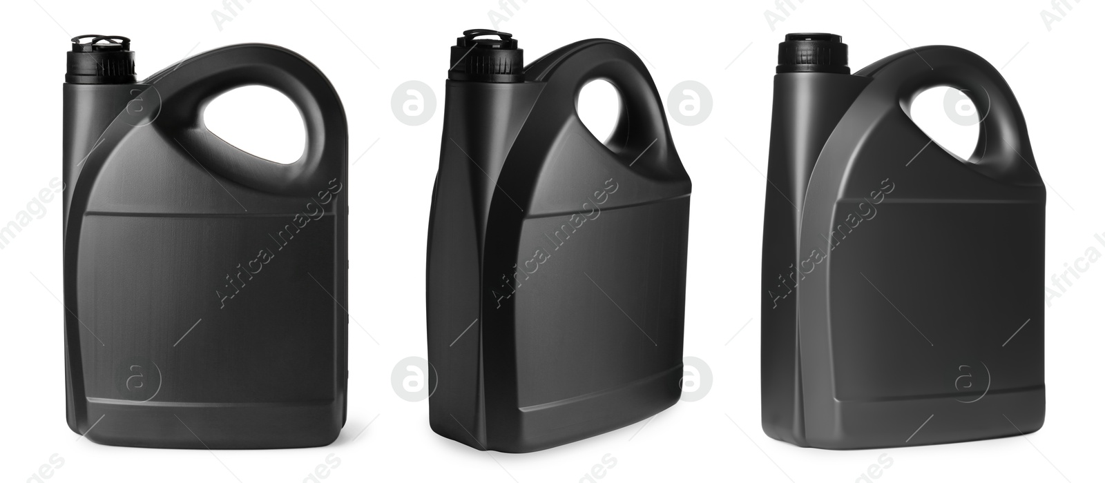 Black plastic canister isolated on white, collage. View from different sides Image of Black plastic canister isolated on white, collage. View from different sides