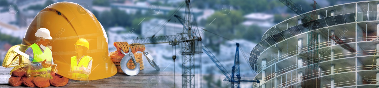 Safety equipment, workers, cityscape and unfinished building, multiple exposure. Banner design Image of Safety equipment, workers, cityscape and unfinished building, multiple exposure. Banner design