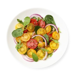 Photo of Fresh salad with yellow tomatoes isolated on white, top view