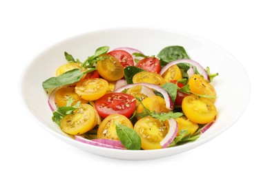 Photo of Fresh salad with yellow tomatoes isolated on white
