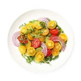 Photo of Fresh salad with yellow tomatoes isolated on white, top view
