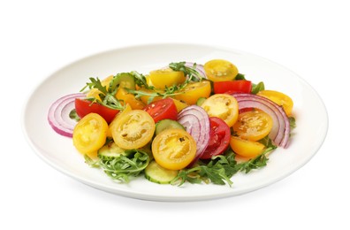 Photo of Fresh salad with yellow tomatoes isolated on white