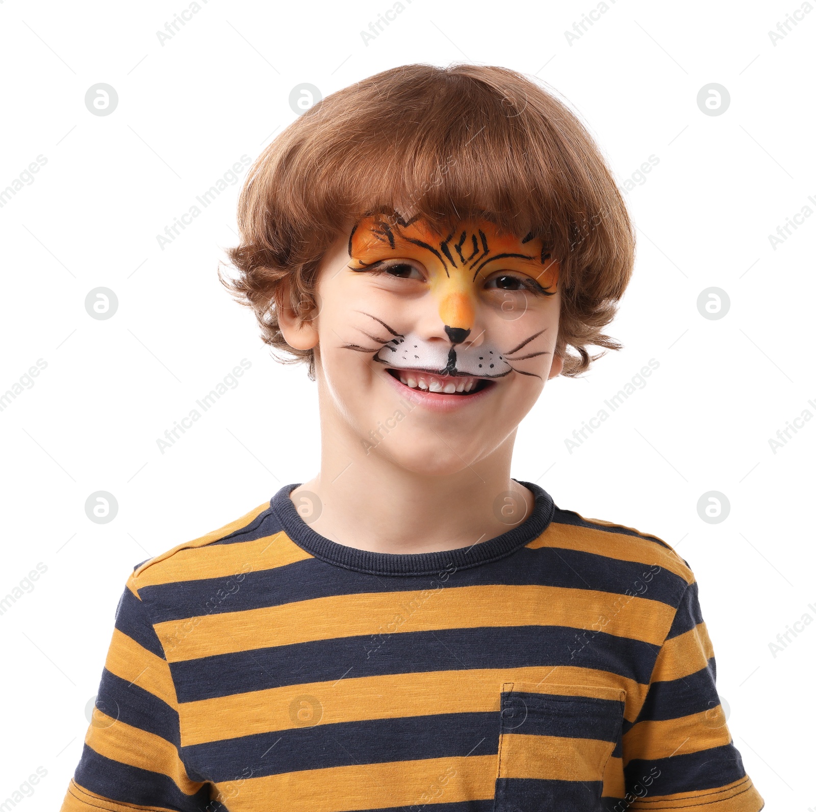 Cute boy with tiger face painting on white background Photo of Cute boy with tiger face painting on white background