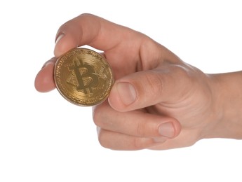Photo of Cryptocurrency. Man holding bitcoin on white background, closeup