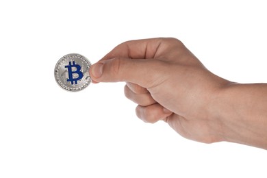 Photo of Cryptocurrency. Man holding bitcoin on white background, closeup