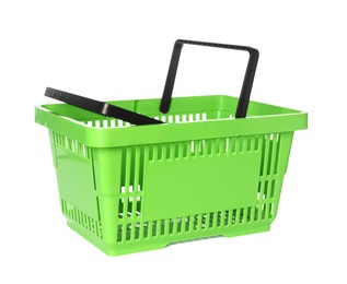 Photo of One green shopping basket isolated on white